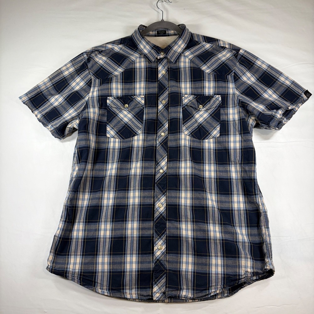 Bullhead Mens XL Blue Plaid Pearl Snap Western Cowboy Shirt Short Sleeve Cotton